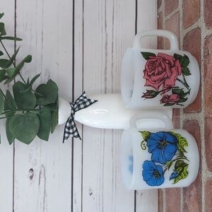 Vintage Glasbake Milk Glass Pink Rose and Blue Morning Glory Floral Pair of Mugs